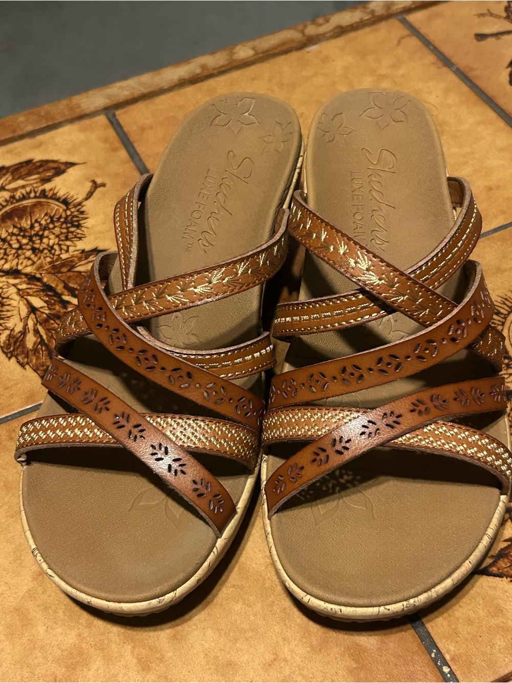 Skechers Tan Brown Cross-Strap Floral Cutout Sandals